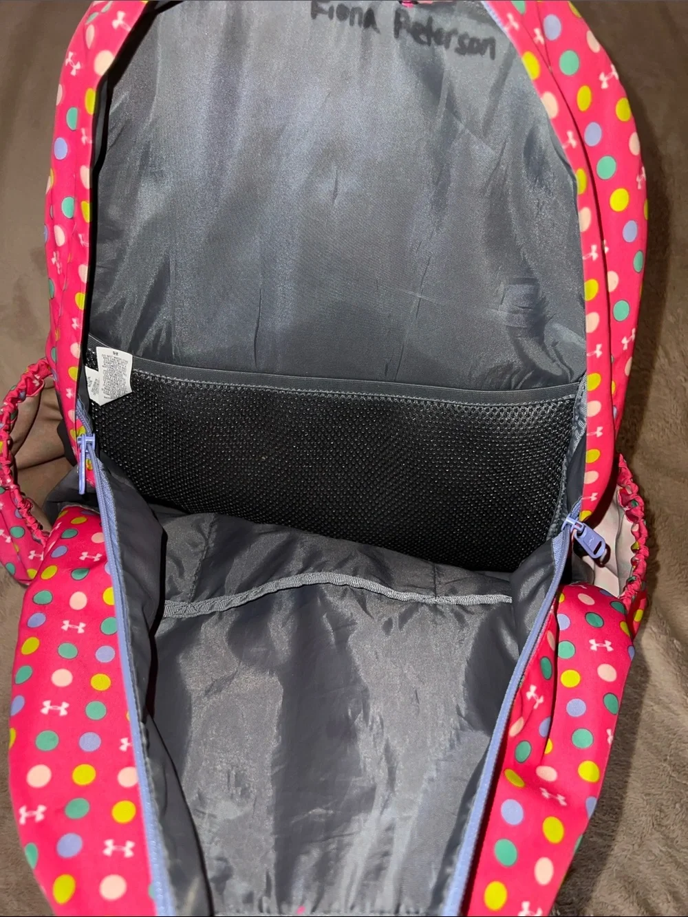 Under Armour Pink Polka Dot Backpack with Multicolor Dots
